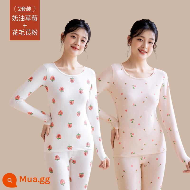 Quần áo sưởi ấm cho nữ, quần áo mùa thu, bộ quần vệ sinh, cotton nguyên chất, kiểu dáng mới, nhung, áo lót dày, áo len cotton, mùa thu đông - [Bộ 2 kiểu in] Kem Dâu + Bột Bơ (Bông hữu cơ nguyên chất, ấm hơn)