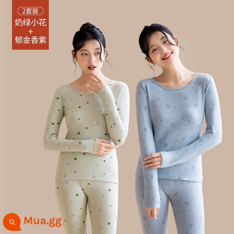 Quần áo sưởi ấm cho nữ, quần áo mùa thu, bộ quần vệ sinh, cotton nguyên chất, kiểu dáng mới, nhung, áo lót dày, áo len cotton, mùa thu đông - [Bộ 2 kiểu in] Hoa xanh sữa + Xanh Enchantress (Bông hữu cơ nguyên chất ấm hơn)