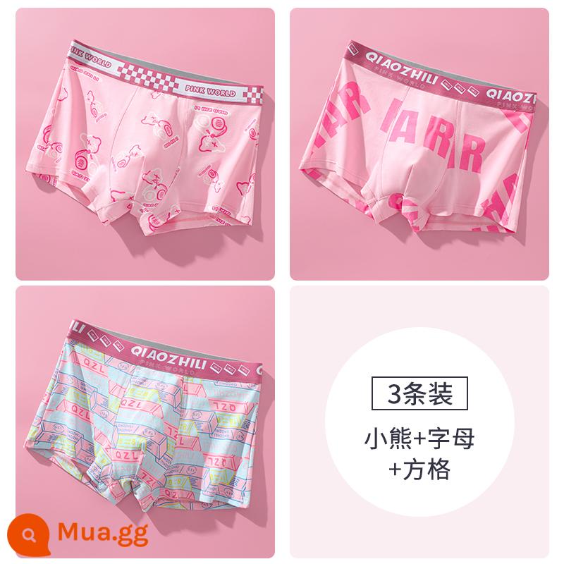 Quần lót nam màu hồng, quần lót boxer kháng khuẩn cotton nguyên chất cho bé trai, màu hồng nam tính quà tặng thu đông cho bạn trai, quần lót boxer - Gấu + chữ + hình vuông