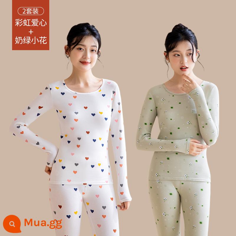 Quần áo sưởi ấm cho nữ, quần áo mùa thu, bộ quần vệ sinh, cotton nguyên chất, kiểu dáng mới, nhung, áo lót dày, áo len cotton, mùa thu đông - [Bộ 2 kiểu in] Trái tim cầu vồng + Hoa xanh sữa (Bông hữu cơ nguyên chất, ấm hơn)