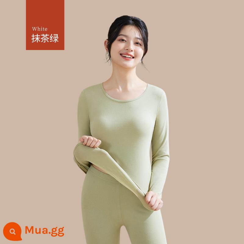 Quần áo sưởi ấm cho nữ, quần áo mùa thu, bộ quần vệ sinh, cotton nguyên chất, kiểu dáng mới, nhung, áo lót dày, áo len cotton, mùa thu đông - [Bộ màu trơn] Xanh Matcha (bông hữu cơ, ấm hơn)