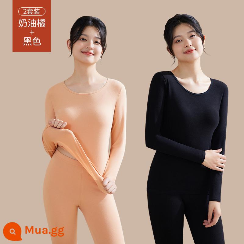 Quần áo sưởi ấm cho nữ, quần áo mùa thu, bộ quần vệ sinh, cotton nguyên chất, kiểu dáng mới, nhung, áo lót dày, áo len cotton, mùa thu đông - [Bộ 2 màu trơn] Cam kem + đen (cotton hữu cơ ấm hơn)