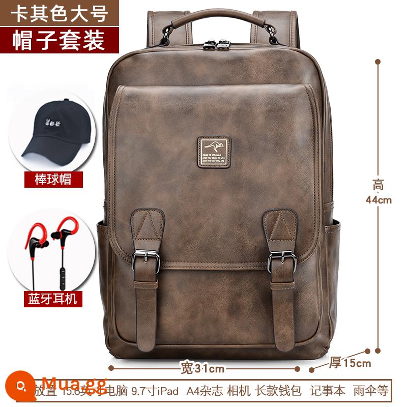 Musko Kangaroo Ba Lô Nam Sinh Viên Schoolbag Xu Hướng Giải Trí Công Suất Lớn Túi Máy Tính Ba Lô Du Lịch - Kaki lớn + Mũ bóng chày + Tai nghe Bluetooth