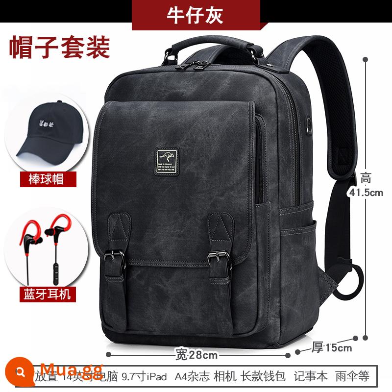 Musko Kangaroo Ba Lô Nam Sinh Viên Schoolbag Xu Hướng Giải Trí Công Suất Lớn Túi Máy Tính Ba Lô Du Lịch - Xám denim + Mũ bóng chày + Tai nghe Bluetooth