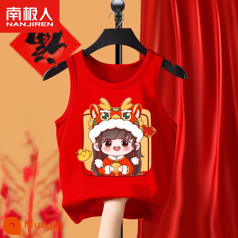 Áo vest đỏ trẻ em nội y mùa thu đông cho bé trai và bé gái Năm mới cotton nguyên chất Năm con rồng Năm con rồng Quần áo năm mới lớn cho trẻ em - [Áo bông đỏ năm mới] Cô gái sừng rồng đỏ