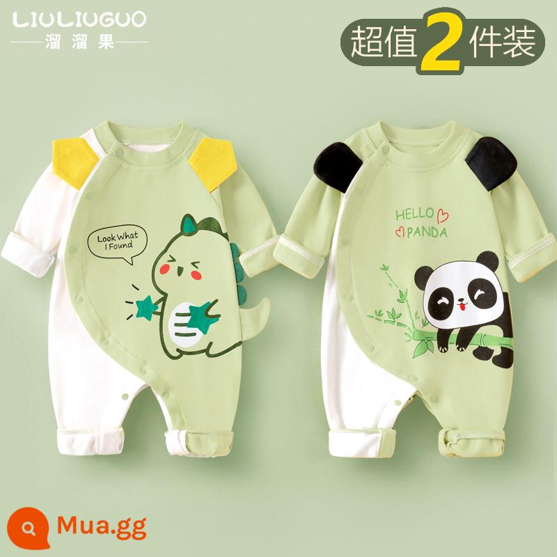 2 bộ quần áo sơ sinh cho bé 0-18 tháng, áo liền quần cotton nguyên chất mùa thu đông, quần áo hậu cung dài tay mùa xuân thu, quần áo mùa thu - Tay áo dài (khủng long xanh + gấu trúc đỏ) phong cách bốn mùa