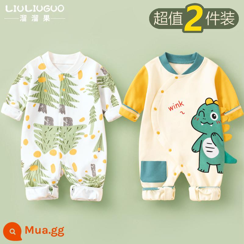 2 bộ quần áo sơ sinh cho bé 0-18 tháng, áo liền quần cotton nguyên chất mùa thu đông, quần áo hậu cung dài tay mùa xuân thu, quần áo mùa thu - Tay áo dài (rừng nhỏ + khủng long nhỏ dễ thương) phong cách bốn mùa