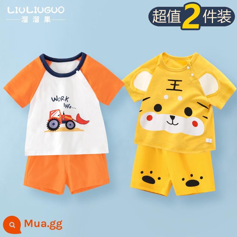 Bộ quần áo ngắn tay 2 món trẻ em cotton bé trai mùa hè quần short mùa hè bé gái Bộ đồ ngủ mùa hè cho bé quần áo mặc ở nhà cho bé - Bộ đồ ngắn tay (xe kỹ thuật + chú hổ dễ thương)