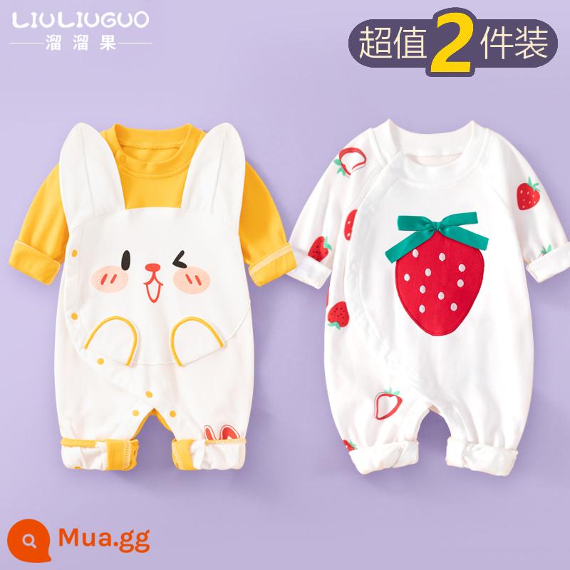 2 bộ quần áo sơ sinh cho bé 0-18 tháng, áo liền quần cotton nguyên chất mùa thu đông, quần áo hậu cung dài tay mùa xuân thu, quần áo mùa thu - Tay áo dài (thỏ nhỏ dễ thương + dâu tây nhỏ) phong cách bốn mùa