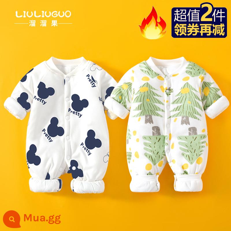 2 món đồ sơ sinh quần áo thu đông jumpsuit bé sơ sinh bộ đồ lót bông cho bé đi chơi từ tháng 3 đến tháng 3 - Bông mỏng (chuột hoạt hình + rừng nhỏ)