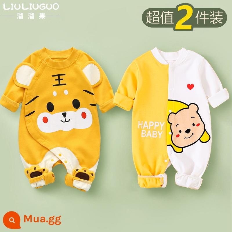 2 bộ quần áo sơ sinh cho bé 0-18 tháng, áo liền quần cotton nguyên chất mùa thu đông, quần áo hậu cung dài tay mùa xuân thu, quần áo mùa thu - Tay áo dài (hổ nhỏ dễ thương + gấu vui vẻ) phong cách bốn mùa