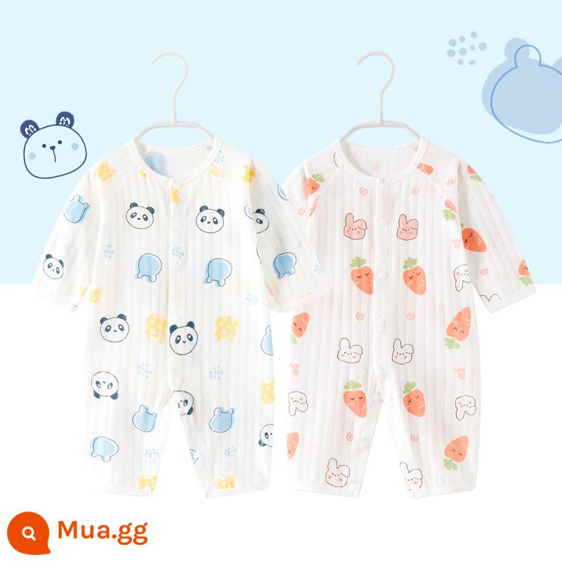 2 miếng thỏ sơ sinh quần áo trẻ em nam và nữ áo liền quần mùa xuân và mùa thu trẻ sơ sinh cotton nguyên chất dài tay quần áo mùa xuân - Tay áo mỏng dài (gấu trúc đỏ + cà rốt thỏ)