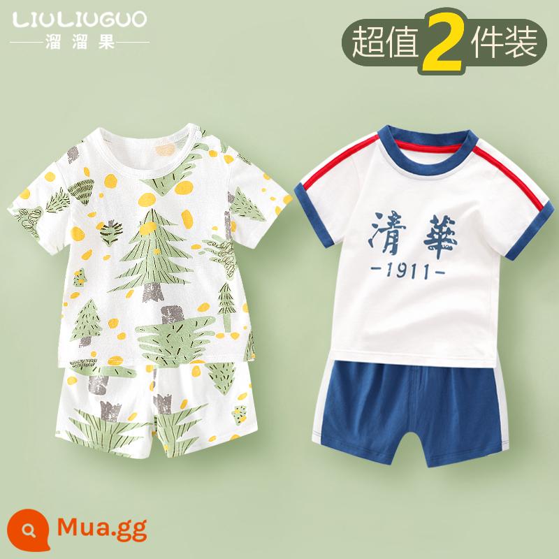 Bộ quần áo ngắn tay 2 món trẻ em cotton bé trai mùa hè quần short mùa hè bé gái Bộ đồ ngủ mùa hè cho bé quần áo mặc ở nhà cho bé - Bộ đồ ngắn tay (Little Forest + Đại học Thanh Hoa)