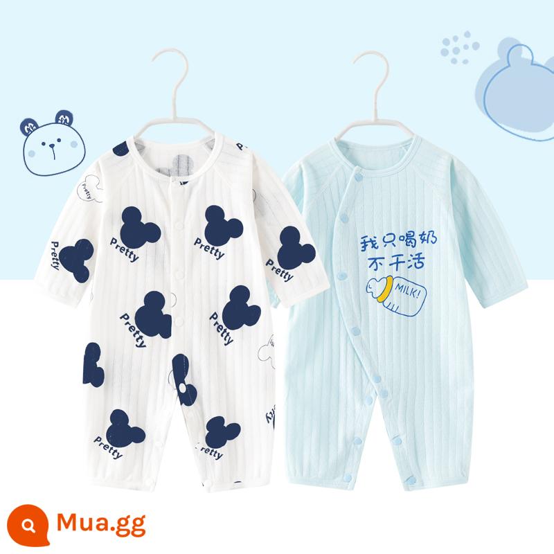 2 bộ quần áo sơ sinh cho bé 0-18 tháng, áo liền quần cotton nguyên chất mùa thu đông, quần áo hậu cung dài tay mùa xuân thu, quần áo mùa thu - Tay áo mỏng dài (chuột hoạt hình + màu xanh chỉ uống sữa)