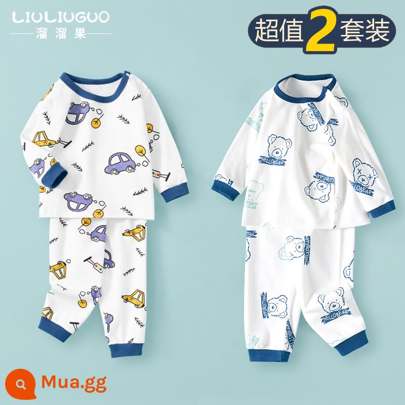 Bộ 2 món đồ lót trẻ em cotton, quần áo mùa thu bé trai, quần áo mùa thu, đồ ngủ bé gái mùa xuân thu, đồ mặc nhà, đồ sơ sinh - Bộ đồ dài tay (ô tô + gấu bông)