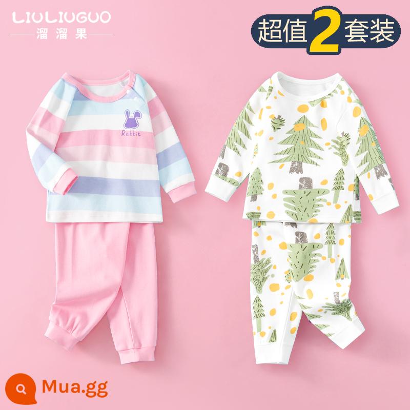 Bộ 2 bộ đồ lót trẻ em cotton nguyên chất đáy mùa xuân và mùa thu cho nam và nữ quần áo ở nhà cho bé quần áo mùa thu quần vệ sinh quần ngủ mỏng bộ đồ ngủ cho bé - Bộ đồ dài tay (thỏ sọc hồng + rừng nhỏ)