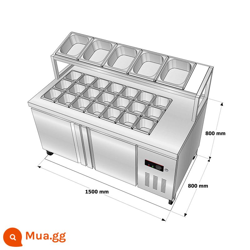 Bàn sa lát có rãnh bàn làm việc tươi mát tủ trưng bày câu cá trái cây món ăn cay thương mại món ăn nóng lạnh món ăn phụ tủ lạnh - Bàn salad 1,5m có kệ (có 12 đĩa 1/6)