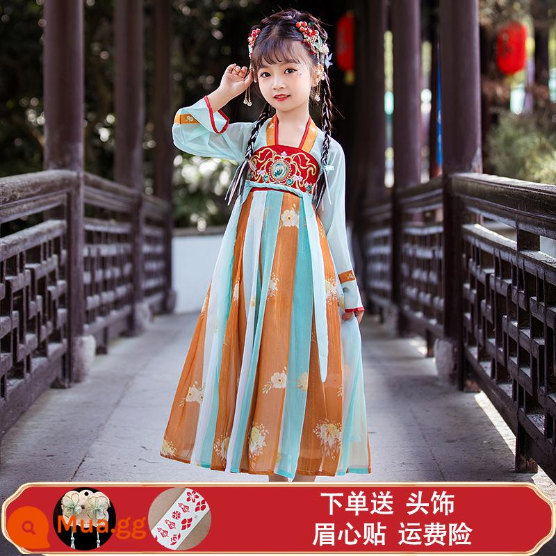 Hanfu Bé Trai Phong Cách Mùa Xuân 2023 New Girls Super Fairy Tang Suit Bé Trai Trẻ Em Học Sinh Trung Quốc Cổ Đại Quần Áo Trang Phục Xuân Thu - Tay áo dài Ranhua-cyan