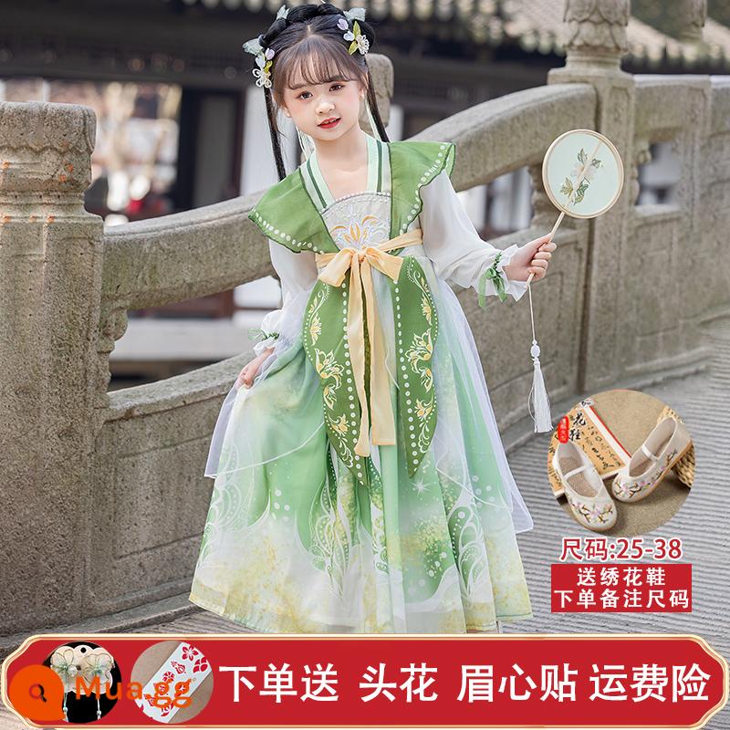 Hanfu Boys and Girls Summer 2023 New Men and Children Quần áo truyền thống Trung Quốc cổ đại của Trung Quốc Tang Suit Trang phục biểu diễn của phụ nữ Phong cách mùa hè - Yinshi - mẫu nữ (miễn phí mũ đội đầu + miếng dán lông mày) + giày (vui lòng ghi chú kích thước khi đặt hàng))