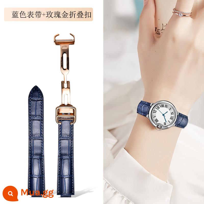 Dây đeo Langdong phù hợp với Cartier Dây đeo bóng màu xanh da bò Cartier Dây đeo màu hồng da bò thật - Dây đeo màu xanh + khóa gấp màu vàng hồng