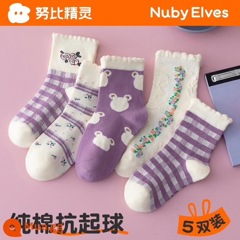 Vớ của các cô gái mùa thu và mùa đông cotton cotton mid -tube trẻ em với vòng tròn ấm làm tóc dày vào mùa đông cô gái dễ thương cho bé - Hoa Tím-5 đôi (tất cotton thu đông)