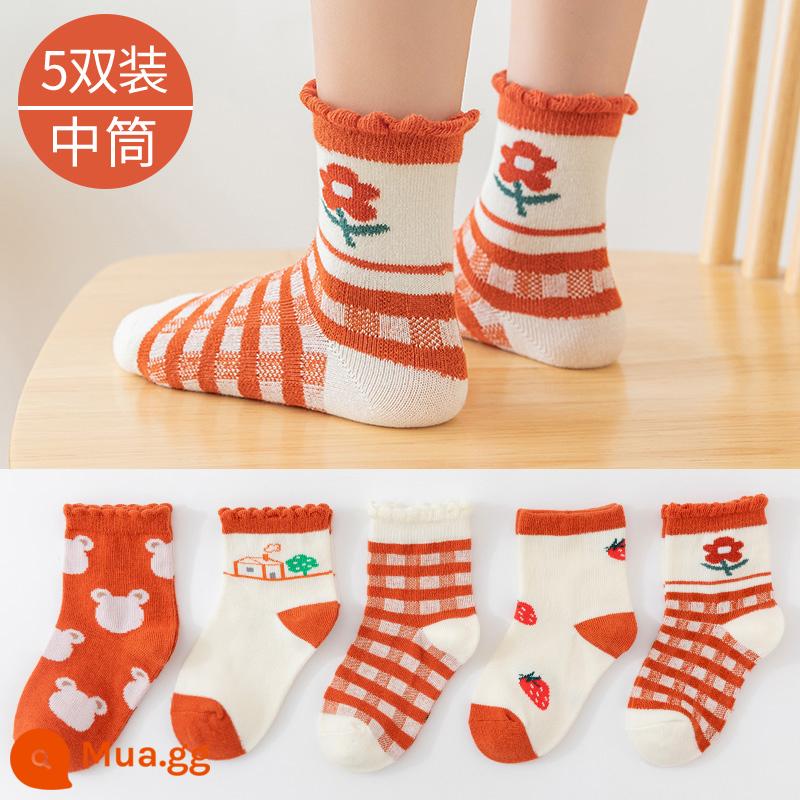 Vớ bé gái mùa thu đông trẻ em cotton nguyên chất Plus nhung dày thỏ đỏ năm terry tất bé gái mùa đông cho bé giữa ống - Hoa Cam-Xuân Thu Cotton Nguyên Chất (5 đôi)