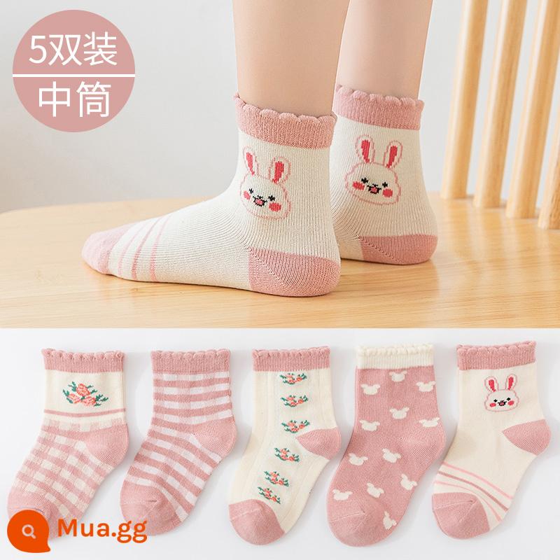 Vớ bé gái mùa xuân và mùa thu giữa ống vớ trẻ em mùa xuân vớ trẻ em cotton nguyên chất công chúa dễ thương bé gái vớ cotton ống dài cho bé - Hoa Thỏ Hồng (5 đôi)