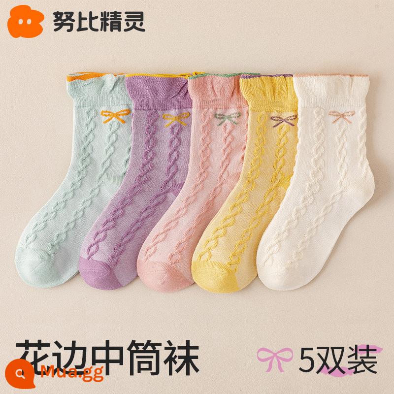 Vớ của các cô gái mùa thu và mùa đông cotton cotton mid -tube trẻ em với vòng tròn ấm làm tóc dày vào mùa đông cô gái dễ thương cho bé - Nơ ren-5 đôi (tất cotton thu đông)