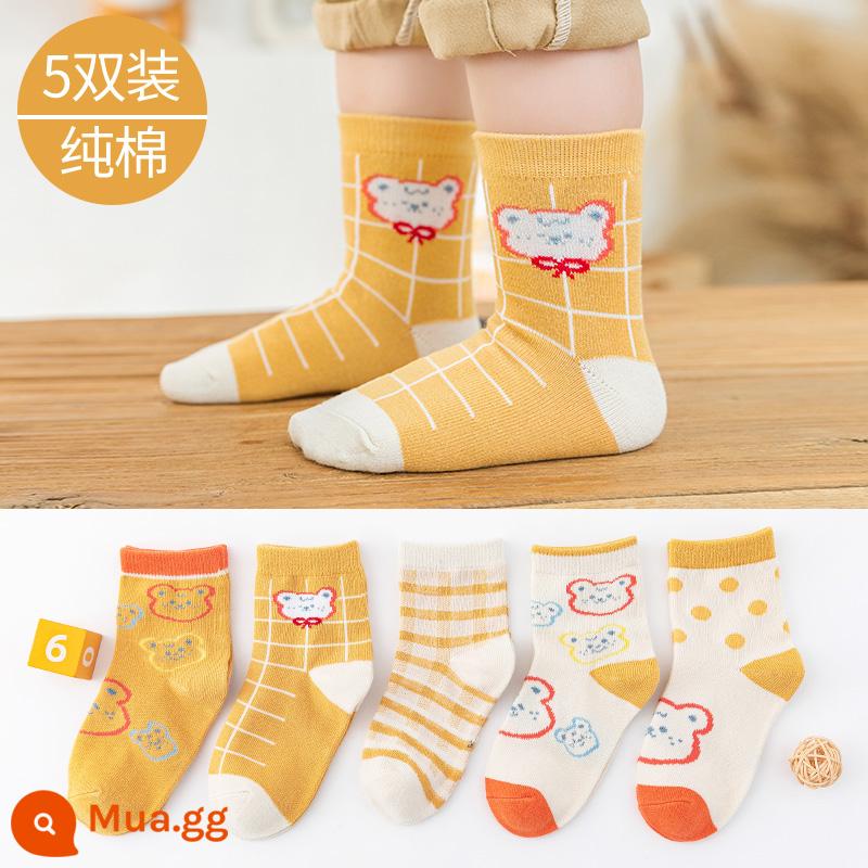 Vớ trẻ em cotton nguyên chất mùa xuân và mùa thu bé trai và bé gái trung và lớn bé trai mùa thu và mùa đông tất ống giữa bé vớ cotton em bé - L8122 Tất cotton dài đến bắp chân chấm bi hình gấu-5 đôi