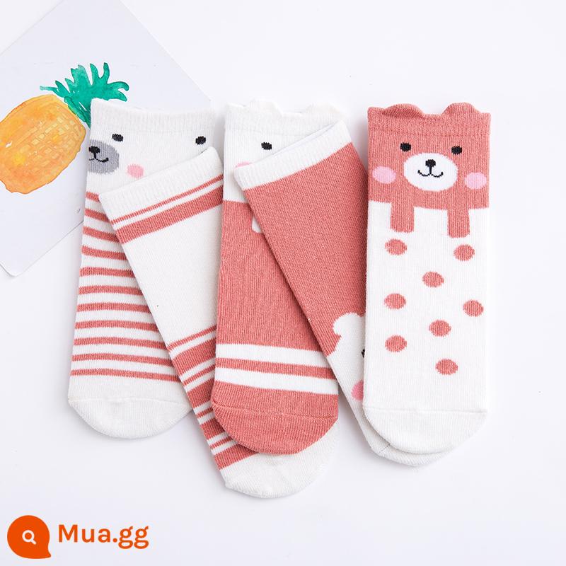 Vớ trẻ em cotton nguyên chất mùa xuân và mùa thu bé trai và bé gái trung và lớn bé trai mùa thu và mùa đông tất ống giữa bé vớ cotton em bé - Gấu Hồng-5 đôi