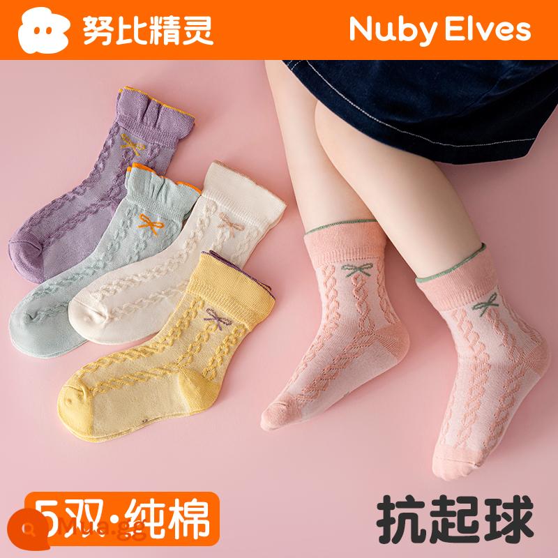 Vớ trẻ em mùa thu đông bé trai và bé gái cotton nguyên chất Plus nhung dày dặn tất bé trai và bé gái tất mùa đông cho bé - Ren Nơ-Thu Đông Cotton Nguyên Chất (5 Đôi)