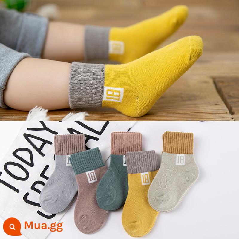 Vớ trẻ em cotton nguyên chất mùa xuân và mùa thu bé trai và bé gái trung và lớn bé trai mùa thu và mùa đông tất ống giữa bé vớ cotton em bé - Số 18 [kiểu nam] -5 đôi