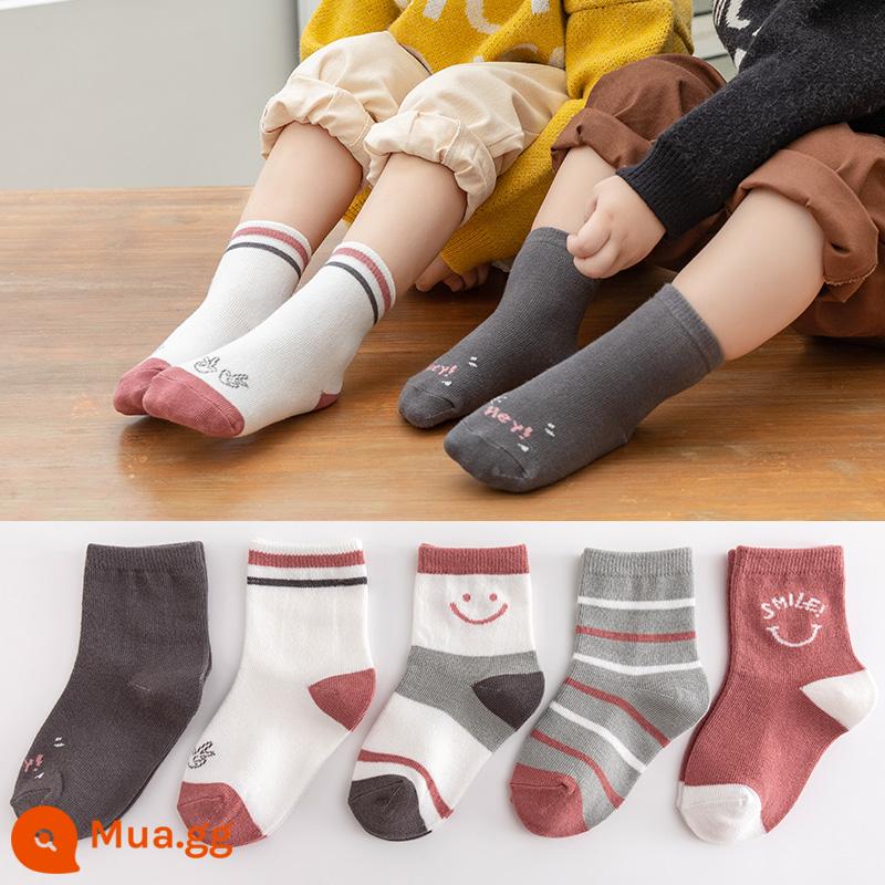 Vớ trẻ em cotton nguyên chất mùa xuân và mùa thu bé trai và bé gái trung và lớn bé trai mùa thu và mùa đông tất ống giữa bé vớ cotton em bé - L820 hồng Smile-5 gói đôi