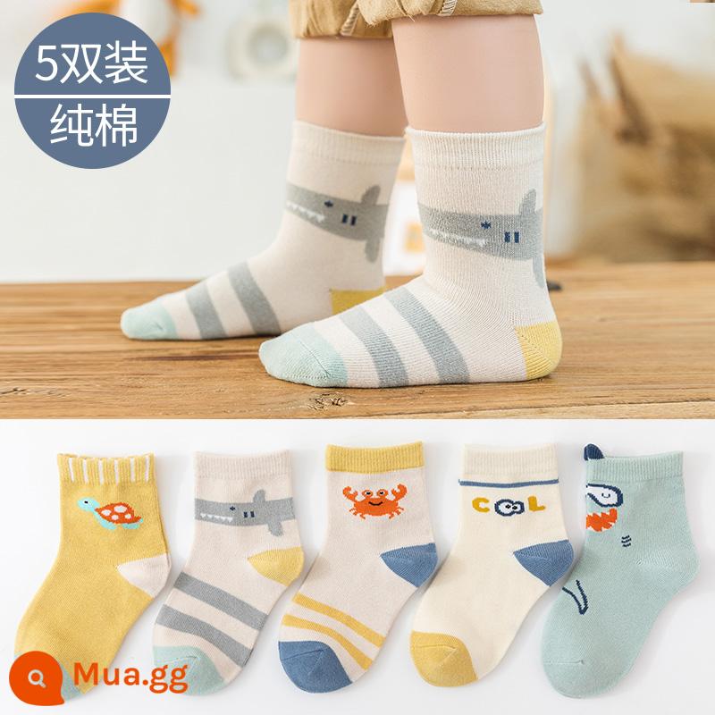 Vớ trẻ em cotton nguyên chất mùa xuân và mùa thu bé trai và bé gái trung và lớn bé trai mùa thu và mùa đông tất ống giữa bé vớ cotton em bé - L8102-Crab Shark Color Matching-5 Cặp