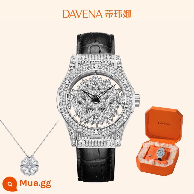 [Quà tặng năm mới] Hộp quà DAVENA Pentagram Time to Run Watch Women's Light Luxury Niche - Bộ Hộp Quà Tặng Thắt Lưng-Nhịp Tim Đen Bạc