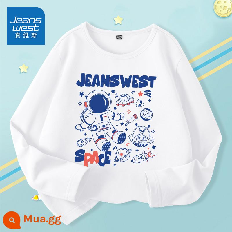 Quần áo trẻ em Jeanswest Áo thun dài tay bé trai cotton nguyên chất mùa thu mỏng quần áo mùa thu bé trai áo sơ mi đáy mùa xuân thu - [Kích thước có thể được ghi chú] J Space Flyer/Trắng