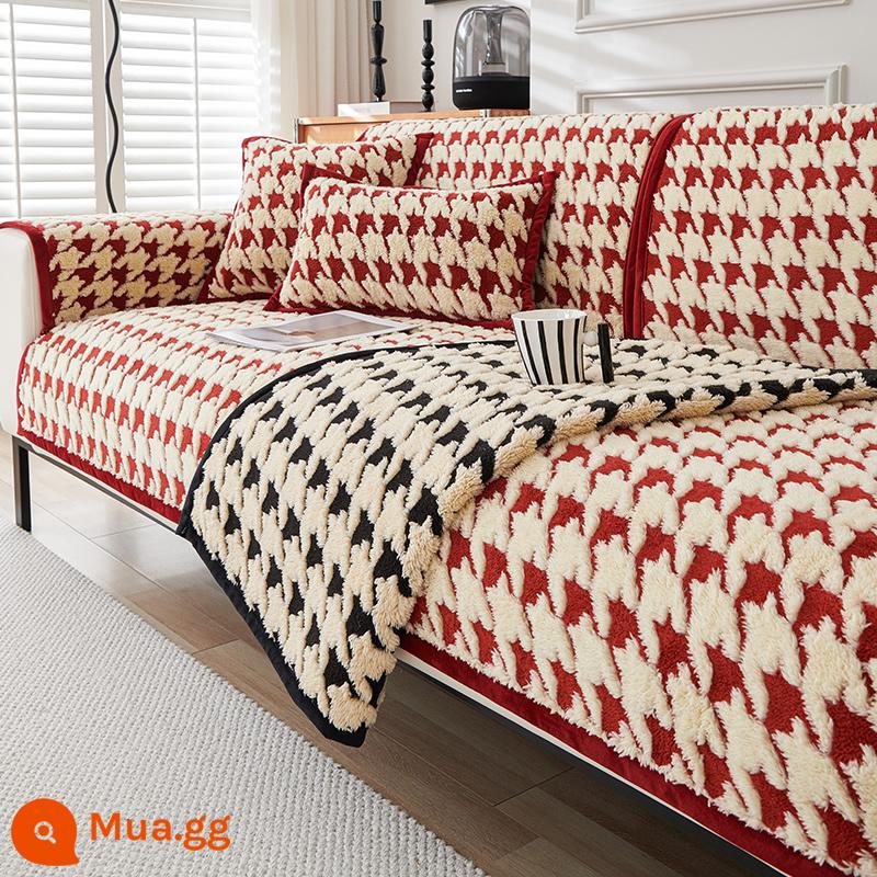 2023 Mới Houndstooth Sofa Đệm Mùa Đông Dày Sang Trọng Đệm Cao Cấp Chống Trơn Trượt Ghế Sofa Da Bao Vải - Qianshu-Đỏ