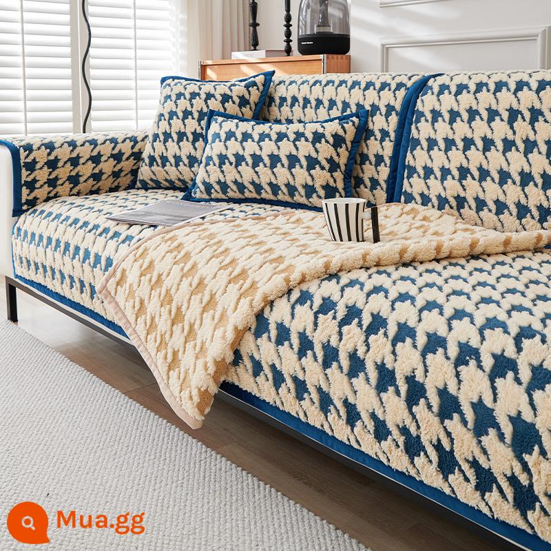 2023 Mới Houndstooth Sofa Đệm Mùa Đông Dày Sang Trọng Đệm Cao Cấp Chống Trơn Trượt Ghế Sofa Da Bao Vải - Qianshu-Xanh