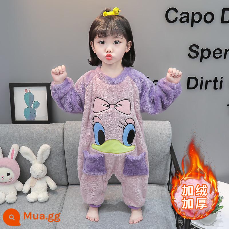 Bộ đồ ngủ một mảnh cho bé gái mùa xuân và mùa thu cotton nguyên chất Bộ đồ ngủ một mảnh cho bé gái mùa thu và mùa đông quần áo ở nhà mùa xuân cho trẻ em - lông cừu màu tím