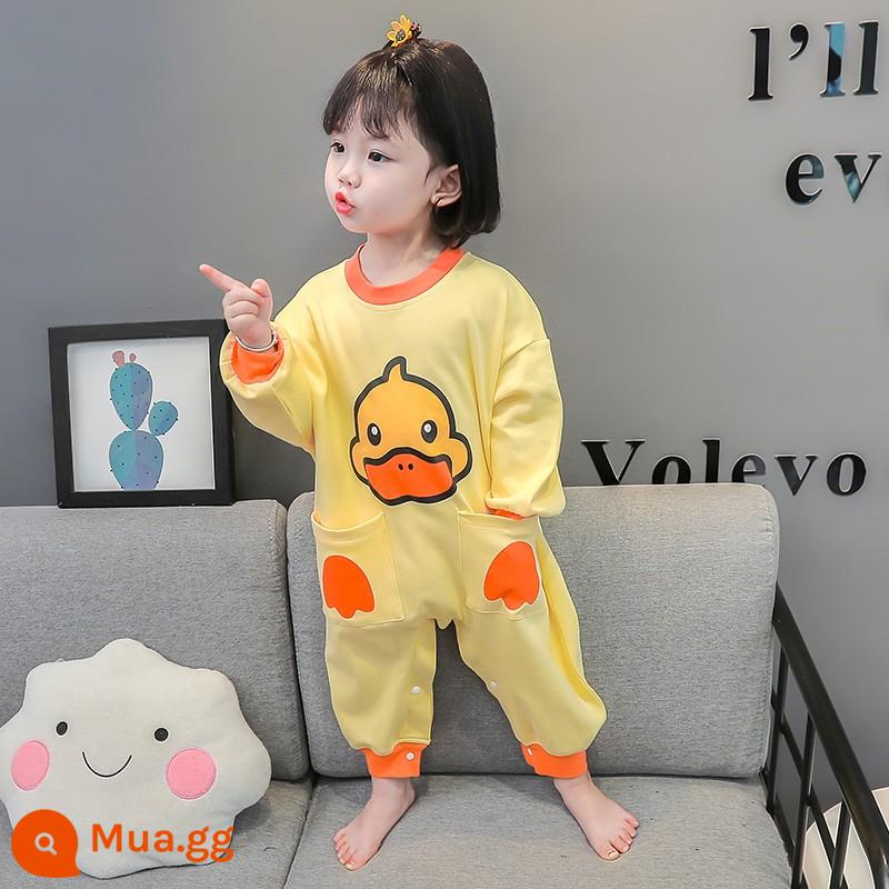 Bộ đồ ngủ một mảnh cho bé gái mùa xuân và mùa thu cotton nguyên chất Bộ đồ ngủ một mảnh cho bé gái mùa thu và mùa đông quần áo ở nhà mùa xuân cho trẻ em - Tay áo dài màu vàng