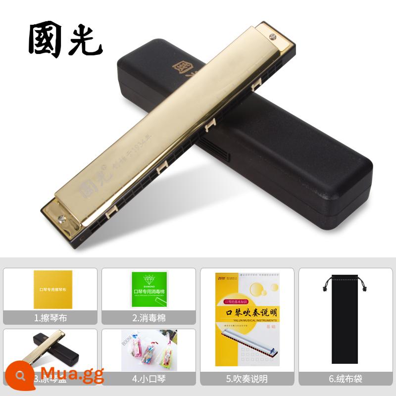 Shanghai Guoguang harmonica 24 lỗ đa âm C-tone echo dành cho người mới bắt đầu trẻ em dành cho người lớn 28 lỗ giọng biểu diễn chuyên nghiệp - Màu vàng (phím C đa âm + gói quà tự học + video hướng dẫn)