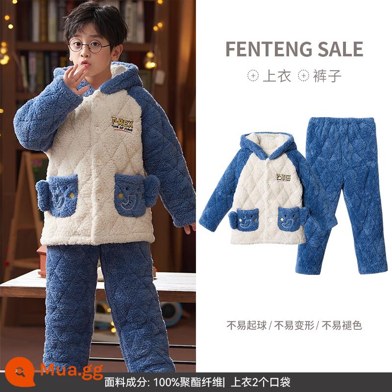 Fenteng Boy Pyjamas Coral Velvet Cotton được đệm trong mùa đông làm nóng trẻ em ở trẻ em, Big Boy Boys In Winter Flang - màu xanh[điểm]