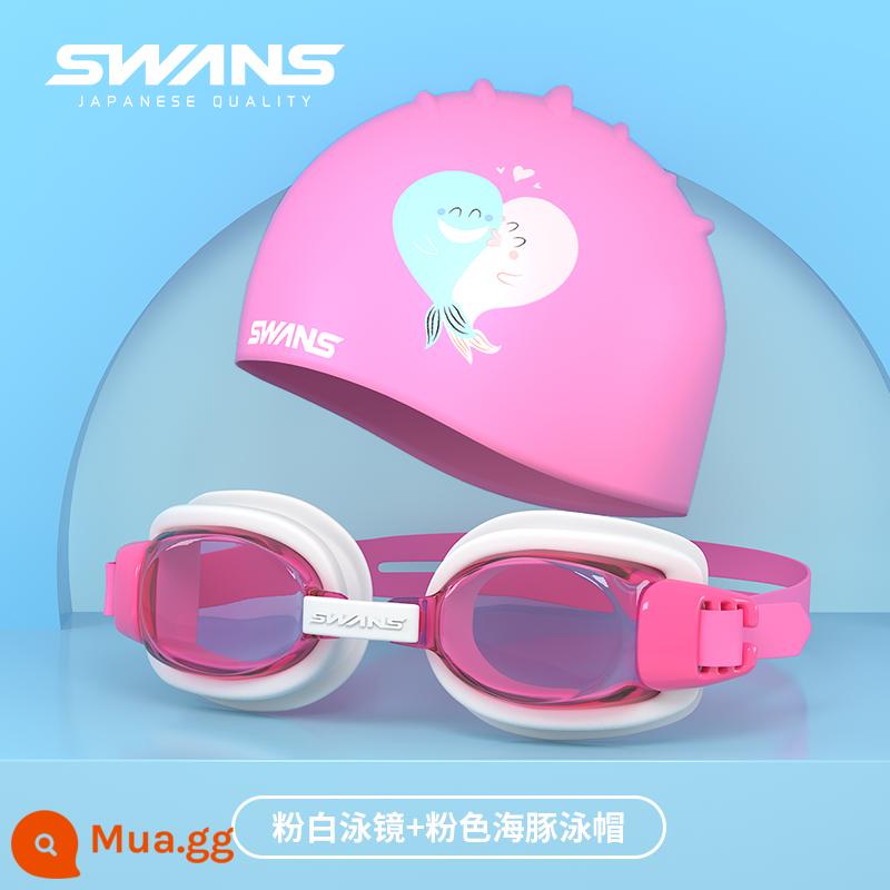 Kính bơi trẻ em nhập khẩu SWANS Nhật Bản chống nước và chống sương mù kính bơi độ nét cao cho bé trai và bé gái SEG1 - SW29 Hồng Trắng + Cá Heo Hồng