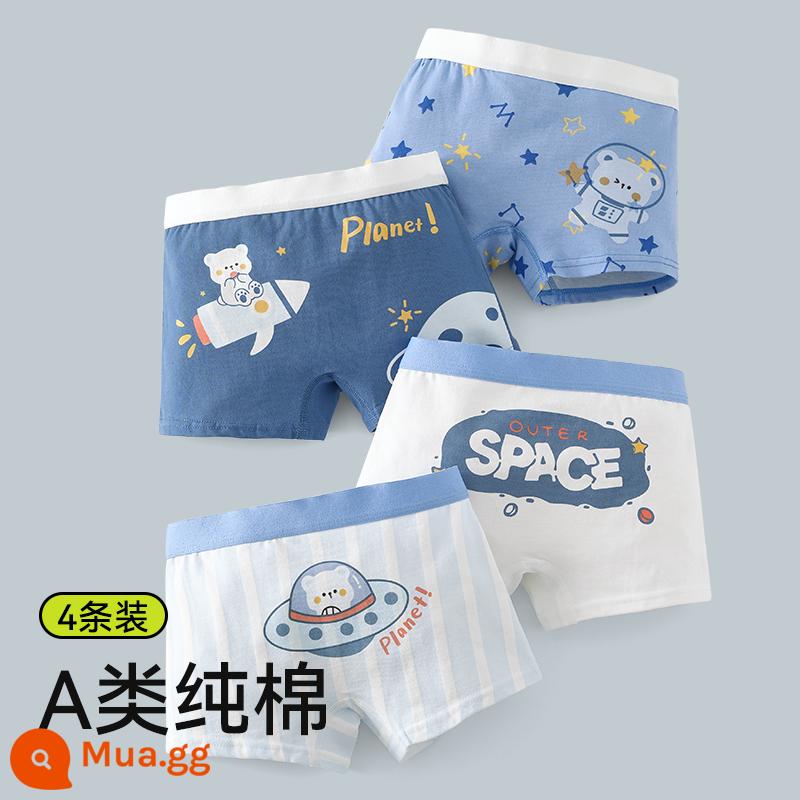 Quần lót bé trai, quần đùi cotton trẻ em, 100% cotton, không kẹp pp, quần boxer bé trai big boy an toàn cho bé - Starry Sky Bear-4 Gói Quần lót kháng khuẩn không xương bằng cotton nguyên chất