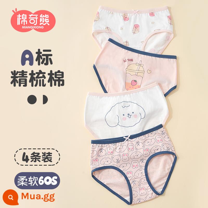 Quần lót trẻ em bé gái cotton quần tam giác bé gái cotton 100% boxer trẻ em lớn không kẹp PP quần an toàn - Trà Sữa Tam Giác Thỏ Dễ Thương-4 Gói