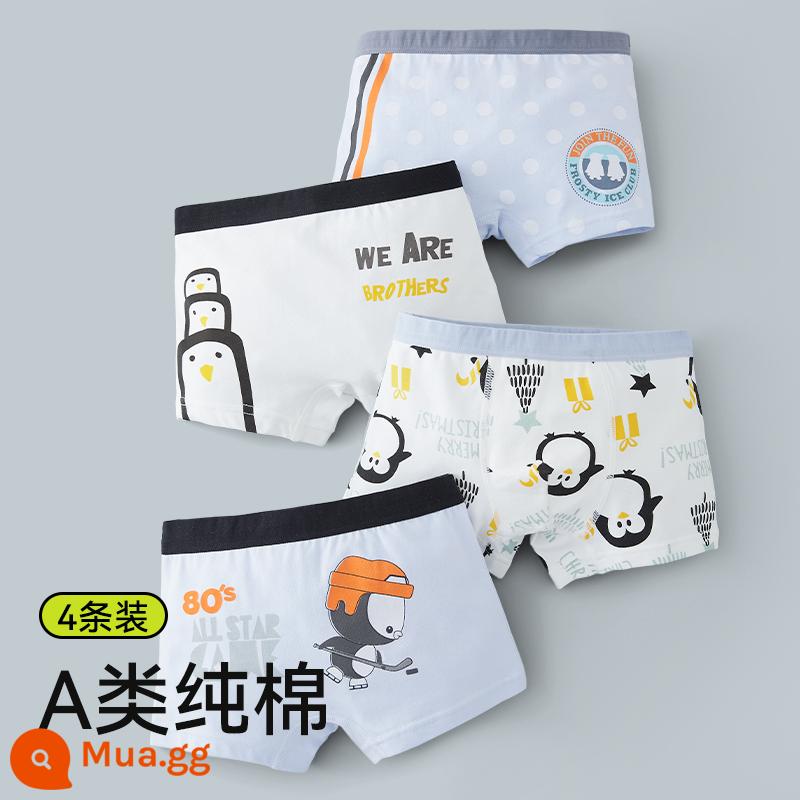 Quần lót bé trai, quần đùi cotton trẻ em, 100% cotton, không kẹp pp, quần boxer bé trai big boy an toàn cho bé - Ski Penguin-4 Gói Loại A Cotton Nguyên Chất Mềm Mại và Thoải Mái