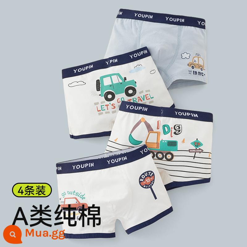 Quần lót bé trai, quần đùi cotton trẻ em, 100% cotton, không kẹp pp, quần boxer bé trai big boy an toàn cho bé - Phim hoạt hình ô tô-4 gói, cotton nguyên chất không xương, đáy quần cotton nguyên chất