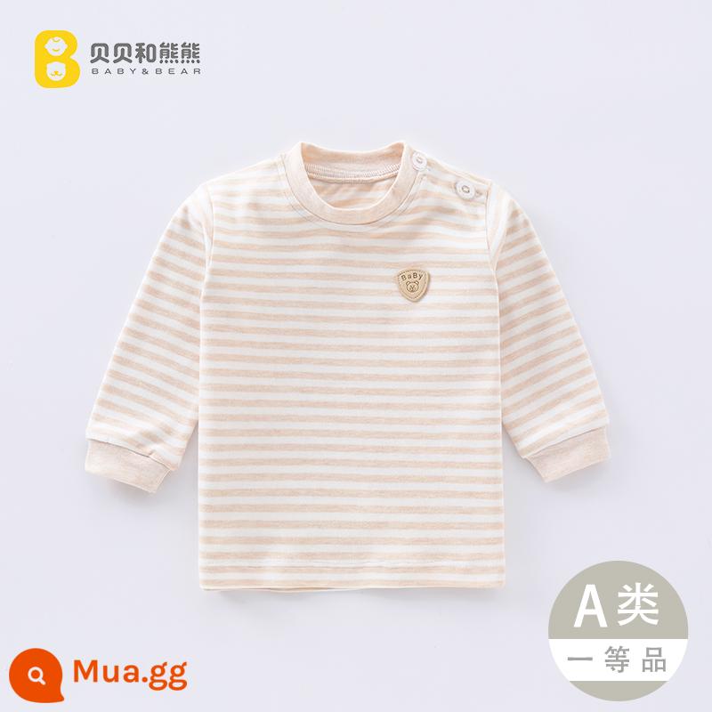 Áo liền quần mùa thu cho bé mùa xuân thu trẻ em cotton nguyên chất sưởi ấm quần áo bé trai và bé gái áo sơ mi đáy đơn cho bé - Màu cà phê sọc trên cùng