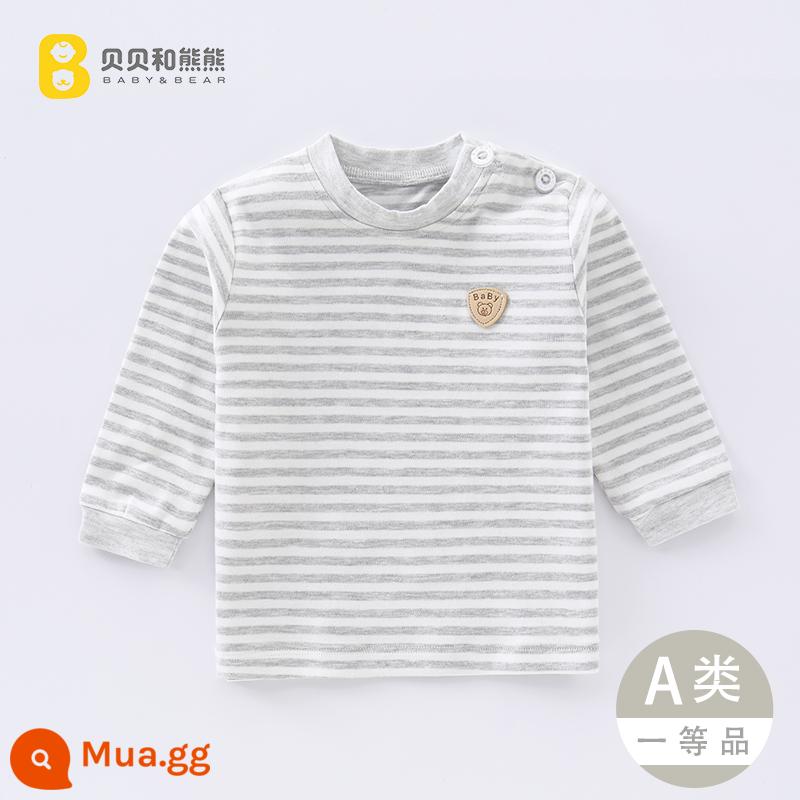 Áo liền quần mùa thu cho bé mùa xuân thu trẻ em cotton nguyên chất sưởi ấm quần áo bé trai và bé gái áo sơ mi đáy đơn cho bé - Sọc trên cùng màu xám