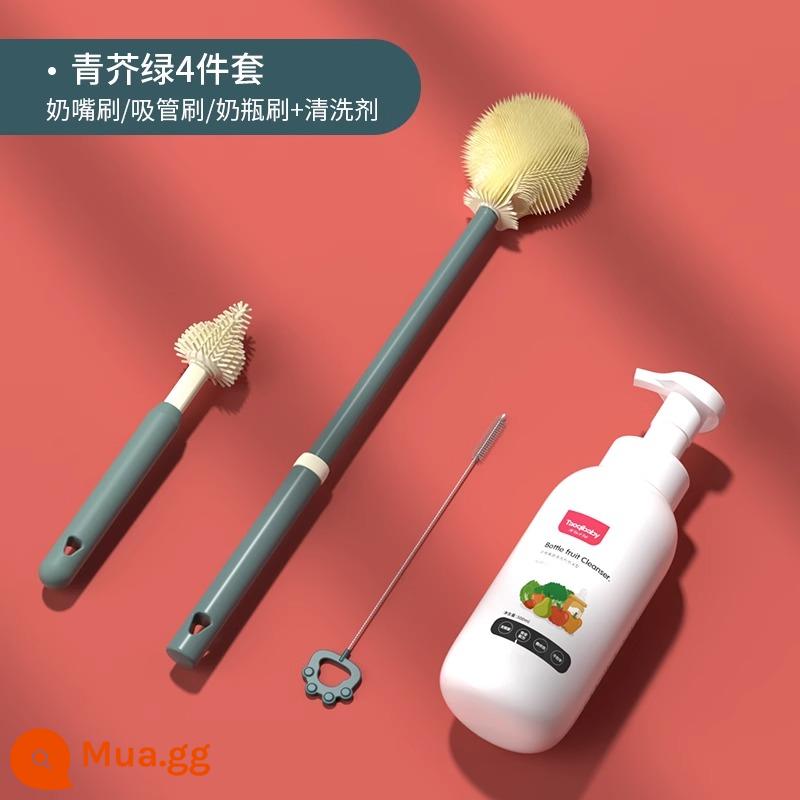 Bàn chải cọ rửa bình sữa cho bé hiện vật núm vú giả silicone đặc biệt ống hút bàn chải cọ rửa bộ cọ rửa bình sữa súc rửa - Bộ vệ sinh bốn món - màu xanh mù tạt* + đầu bàn chải có thể thay thế miễn phí